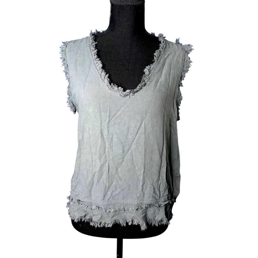 Womens‎ Gray Lagenlook Tank Top Sz S Frayed Minimalist Linen Boho Neutral Resort